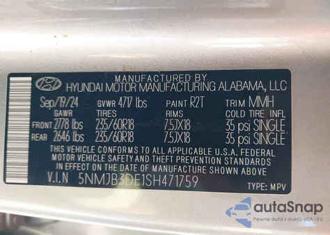 2025 Hyundai Tucson Sel z USA, uszkodzony, nr VIN 5NMJB3DE1SH471759